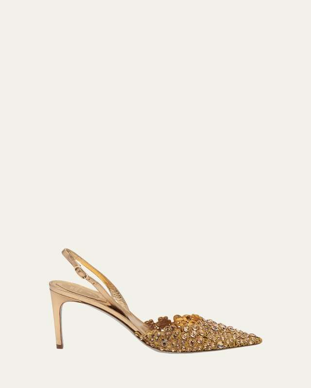 Crystal Lace-Embroidered Slingback Pumps